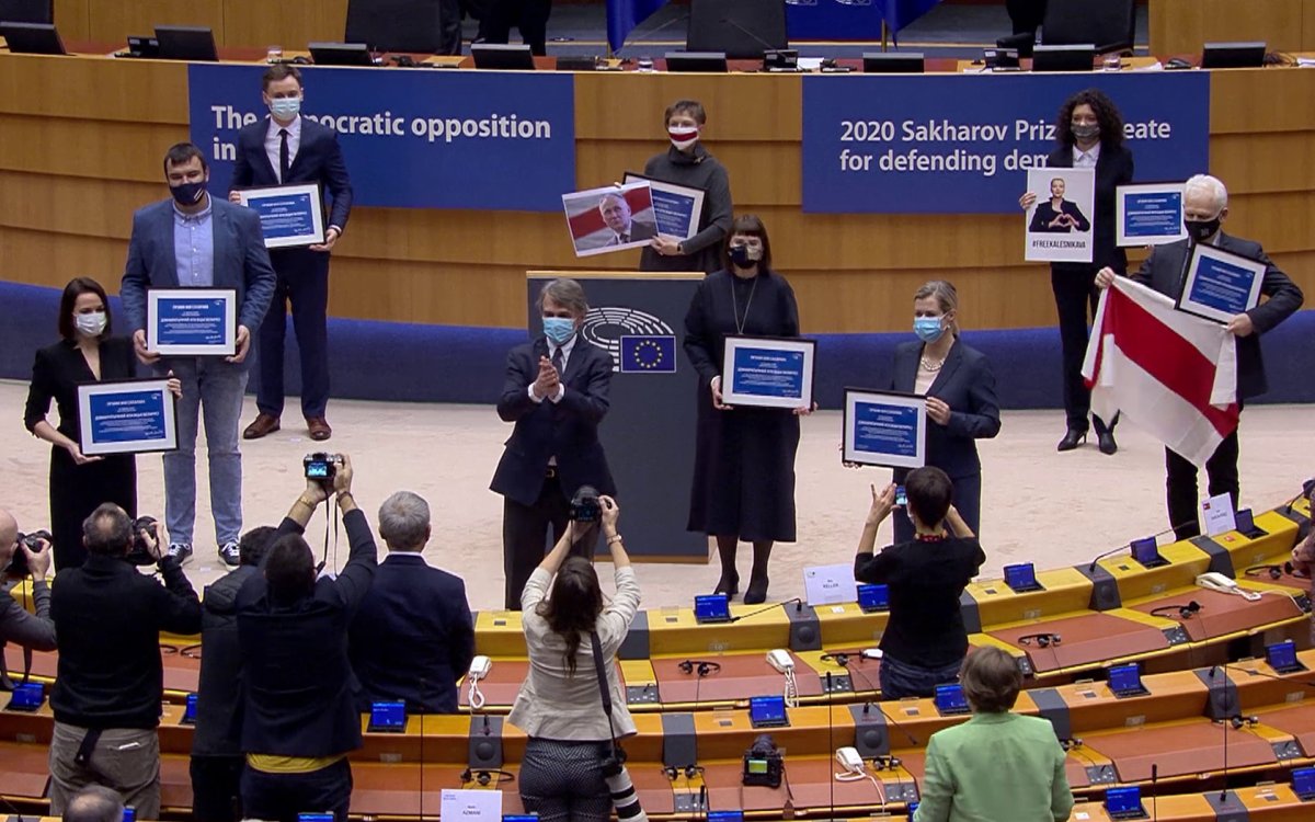 The Sakharov Prize for Freedom of Thought award ceremony, presented in 2020 to the democratic opposition in Belarus